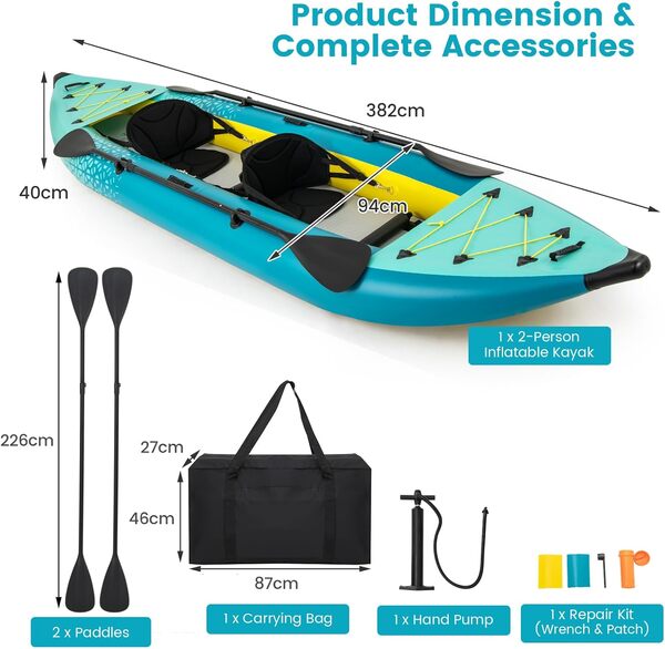 HOMASIS Kayak Gonflable 2 Places en PVC, Canoë Gonflable avec 2 Palettes Réglables, Sac de Transport, Pompe à Main et Kit de Réparation, Bateau gonflable Mer pour Adultes, 382 x 94 x 40 cm