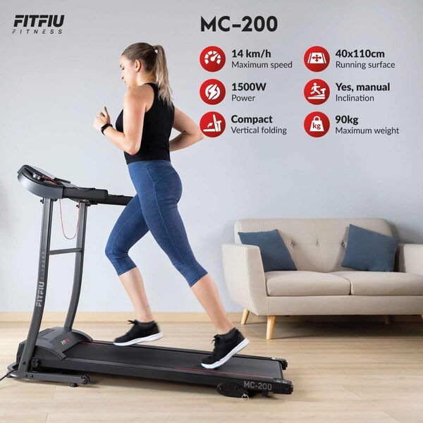 FITFIU Fitness Tapis de Course Pliable, 1500W, 14km/h, Inclinaison Manuelle, Surface 40x110cm, 12 programmes, écran LCD, capteur de pulsations, roulettes de Transport