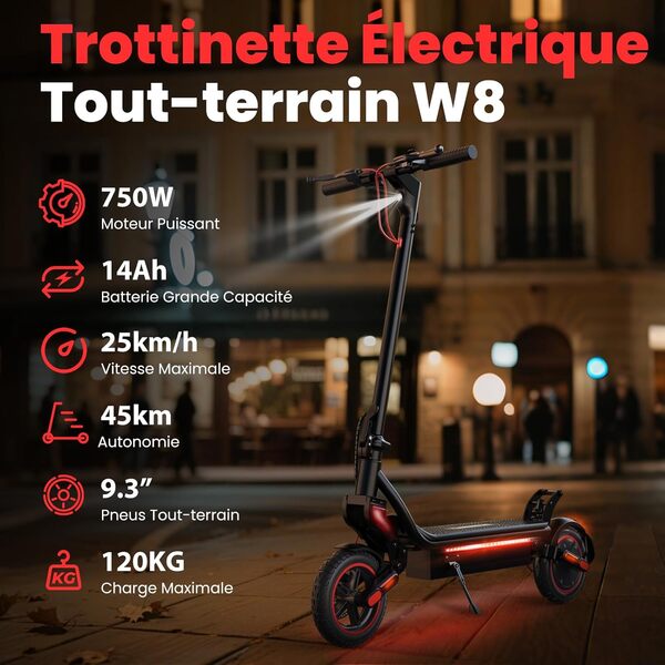 iScooter W8 Trottinette Électrique Adulte,Autonomie 45km,Trottinette Électrique Pliable Tout-Terrain avec Pneus Antidérapants,Suspension à Ressort,Écran LCD,Application Mobile