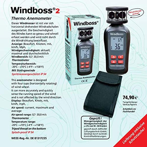 Découvrez l'anémomètre windboss : alliez précision et performance pour le surf avec sa fonction thermomètre intégrée. Parfait pour évaluer le vent et la température.